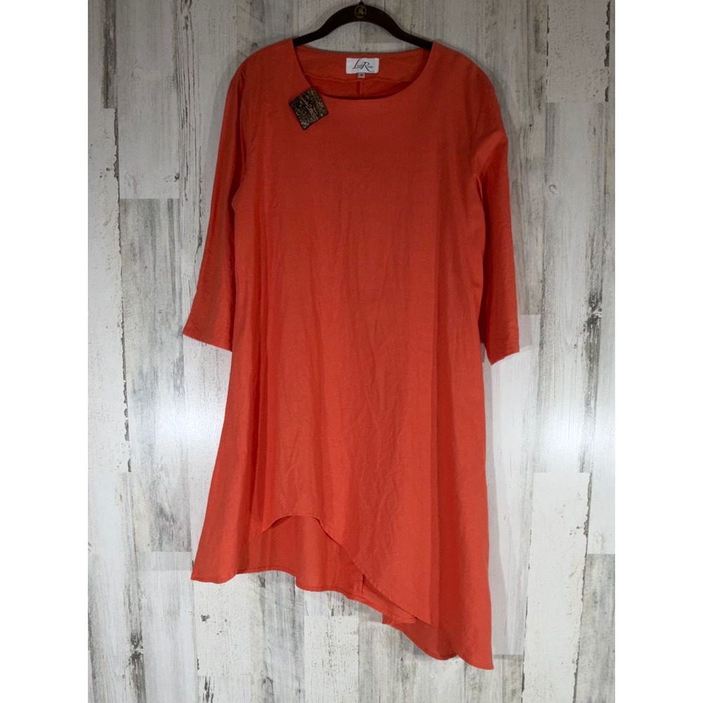 Lisa Rene Tunic Dress Small Orange Coral Linen Blend Asymmetrical Artsy Boho